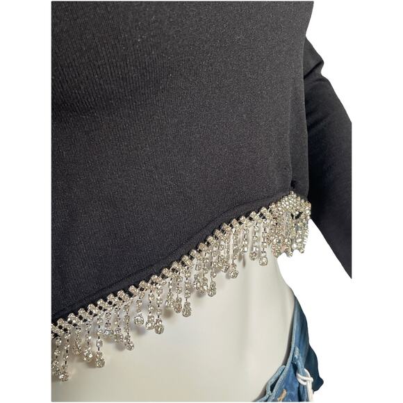 Forever 21 Long Sleeve Ribbed Crystal Fringe Open Back Crop Top Black Small - Picture 2 of 7